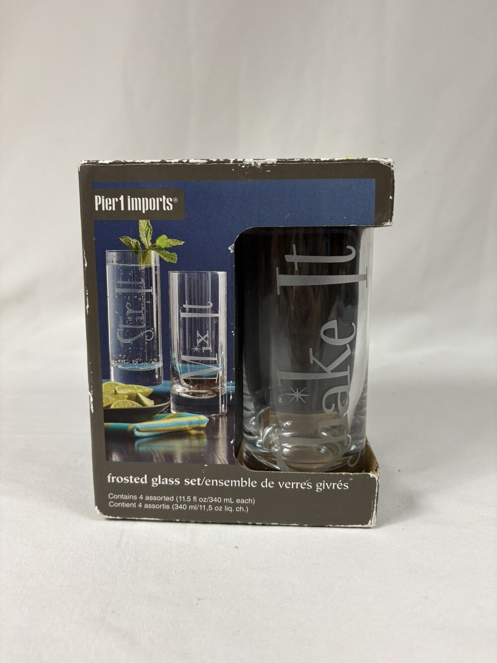 Pier 1 Frosted 11.5 oz Highball Cocktail Glasses Set Etched STIR SWIRL MIX SHAKE